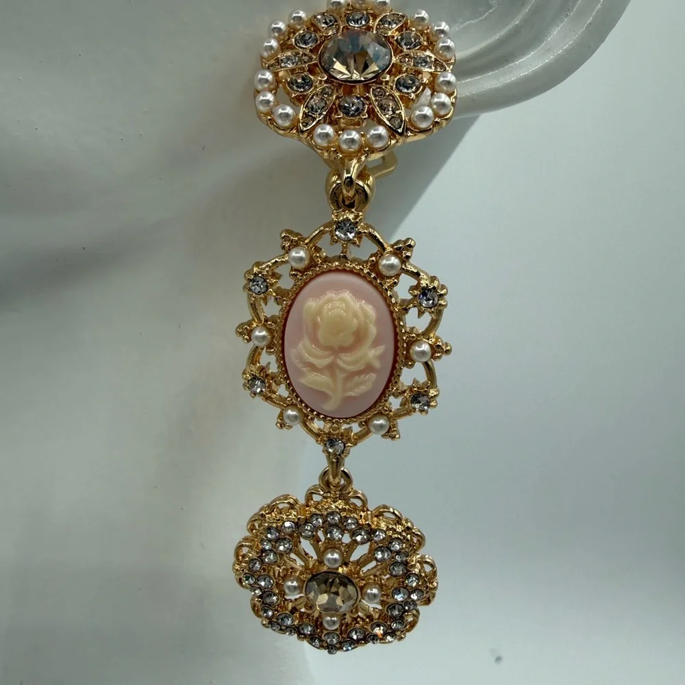 Marchesa Elegant Gold Cameo Rose Drop Earrings w/ Pearls & Crystals - Picture 8 of 16